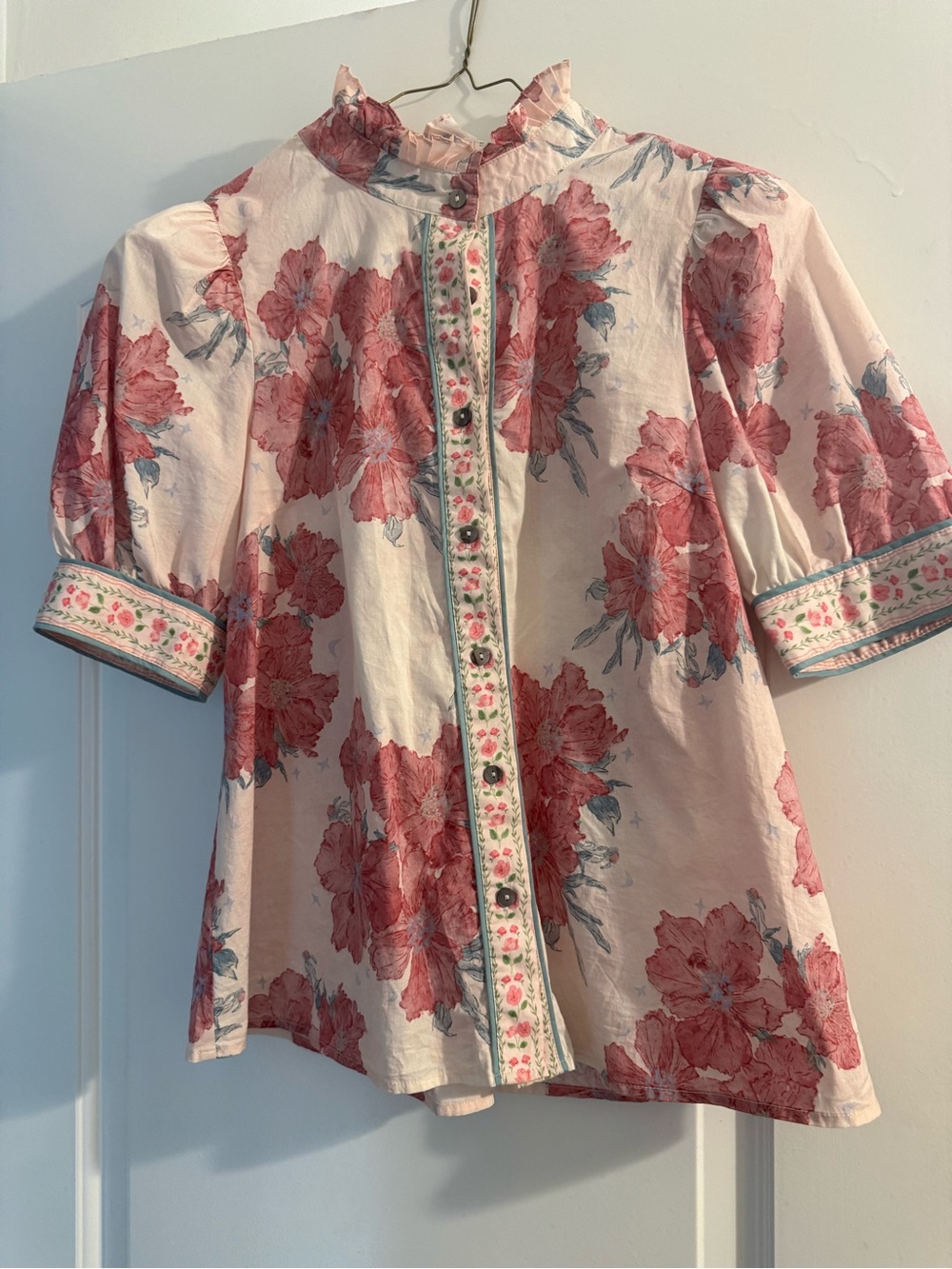 Anthropologie ENTRO Pink Floral Ruffled Button-Up Blouse